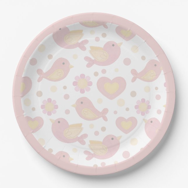 Pink Birds Nesting Party Paper Plates (Front)