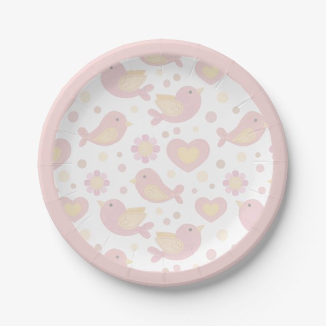 Pink Birds Nesting Party Paper Plates (Front)