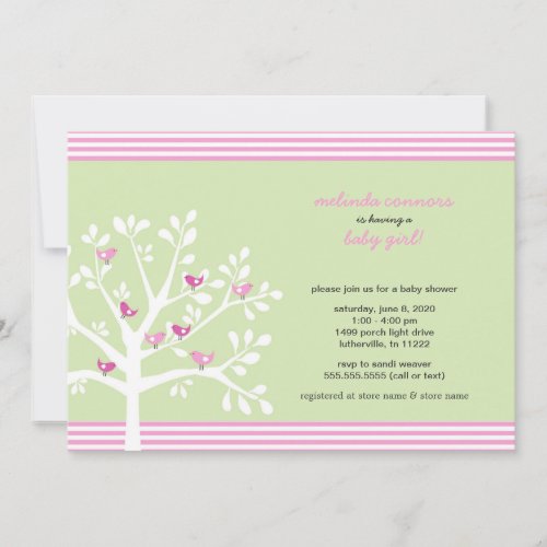 Pink birds on white tree baby shower invite