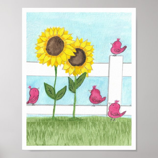 Pink Birds & Sunflowers Poster (Front)