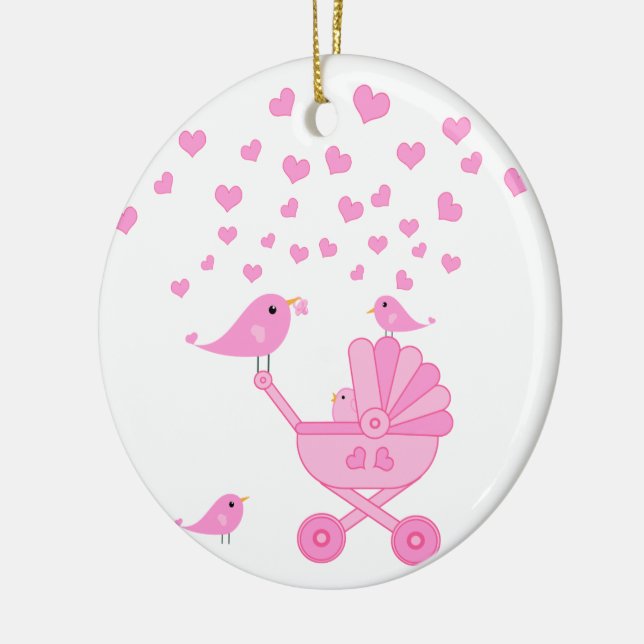 Pink Birds with Stroller - Pink Ceramic Ornament (Left)