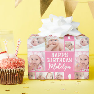 Pink Birthday 8 Photo Collage Name Age Wrapping Paper
