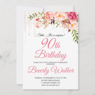 Pink Birthday 90th Surprise Floral Invitation