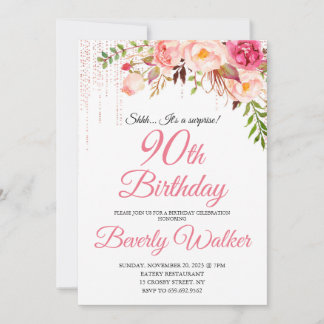 Pink Birthday 90th Surprise Floral Invitation
