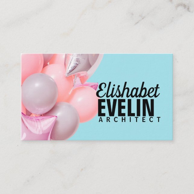Pink birthday air balloons on mint business card (Front)