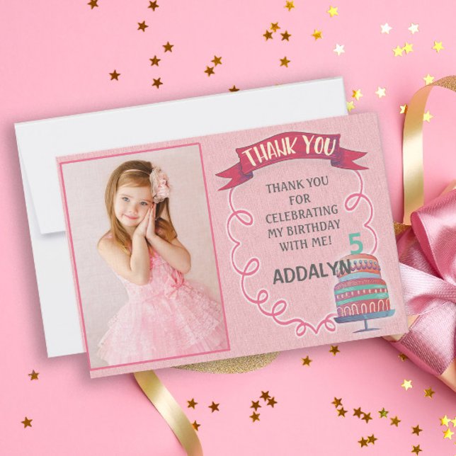 Pink Birthday and Cake Photo Thank You Card (Creator Uploaded)