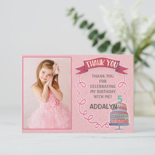 Pink Birthday and Cake Photo Thank You Card | Zazzle