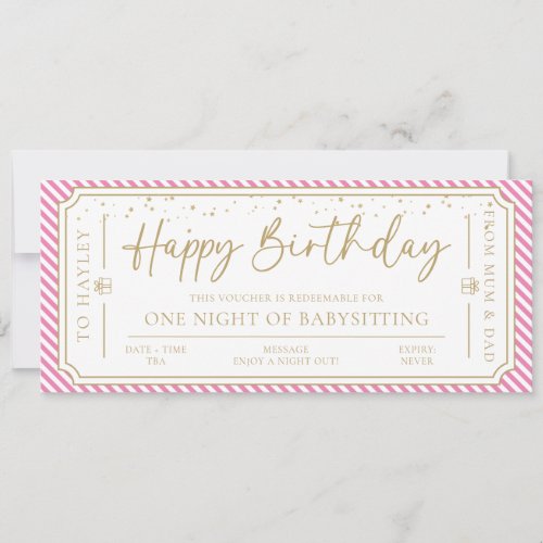 Pink Birthday Babysitting Gift Voucher Card