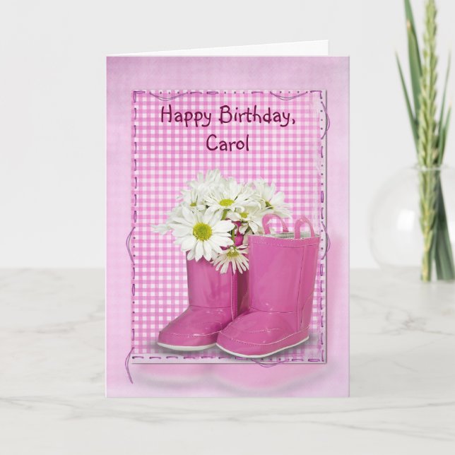Pink Birthday boots with daisies Card (Front)