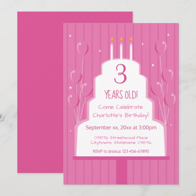 Pink Birthday Cake and Balloons | Invitation (Front/Back)