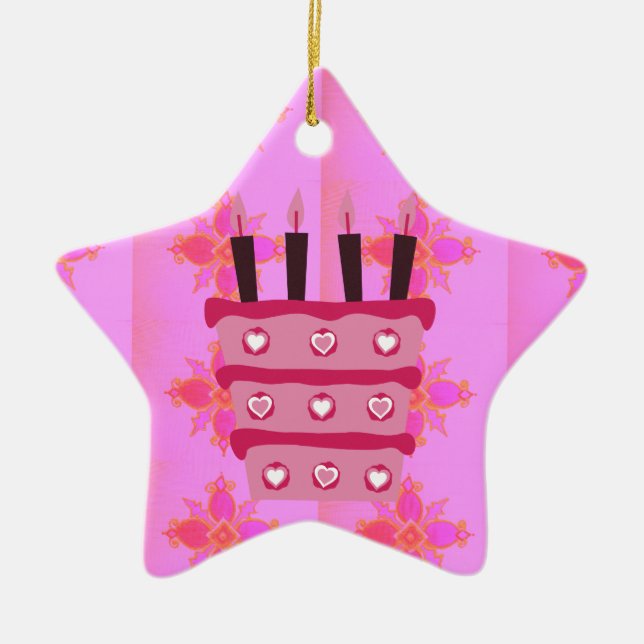 Pink Birthday Cake Art Print Ceramic Ornament (Front)