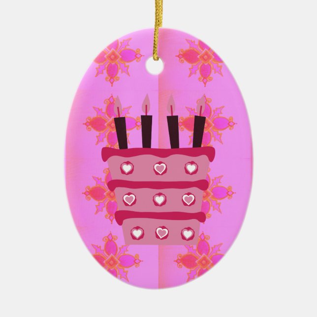 Pink Birthday Cake Art Print Ceramic Ornament (Front)