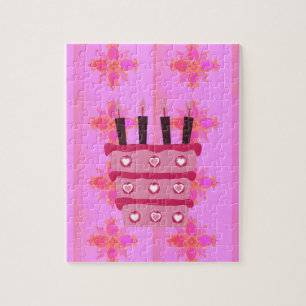 Pink Birthday Cake Art Print Jigsaw Puzzle
