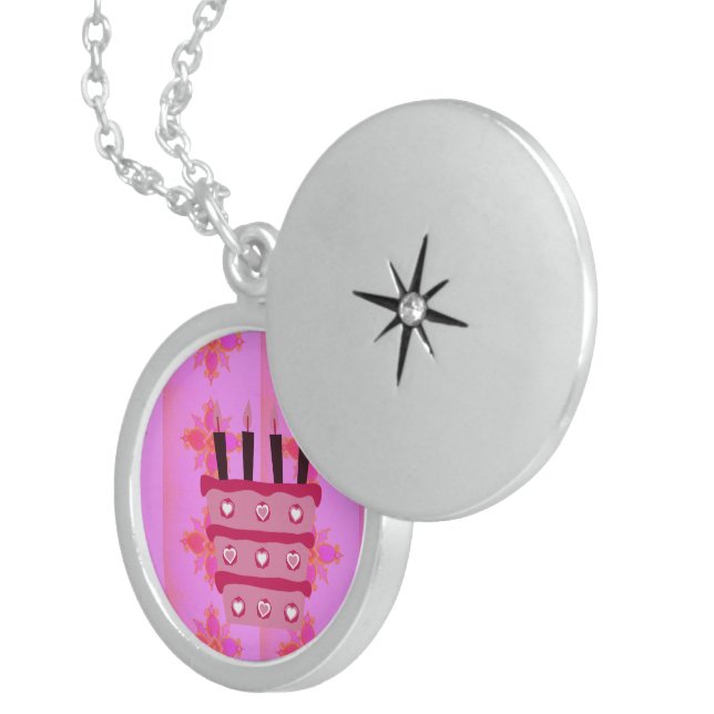 Pink Birthday Cake Art Print Locket Necklace (Front Right)