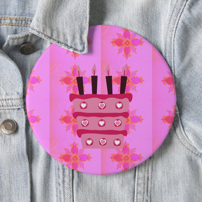 Pink Birthday Cake Art Print Pinback Button (In Situ)