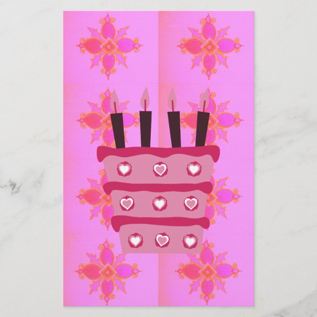 Pink Birthday Cake Art Print Stationery (Front)