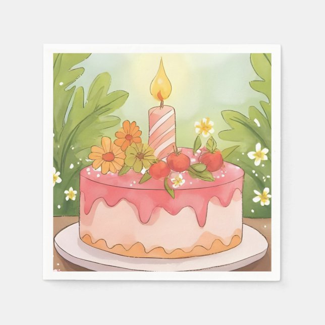 Pink Birthday Cake | Happy Birthday Napkins (Front)