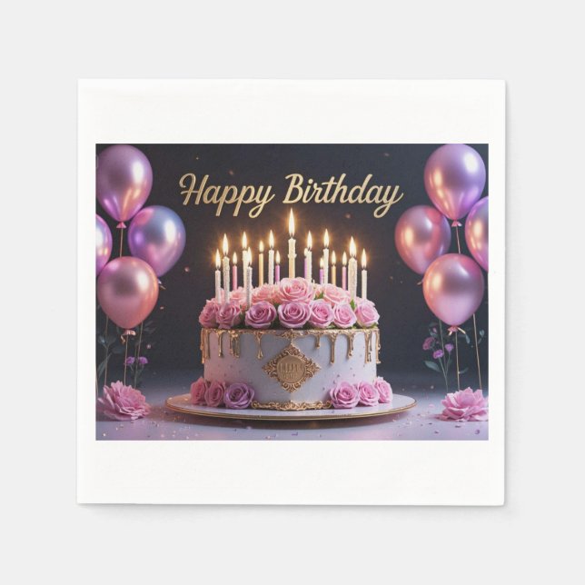 Pink birthday cake luxurious elegant extravagant napkins (Front)