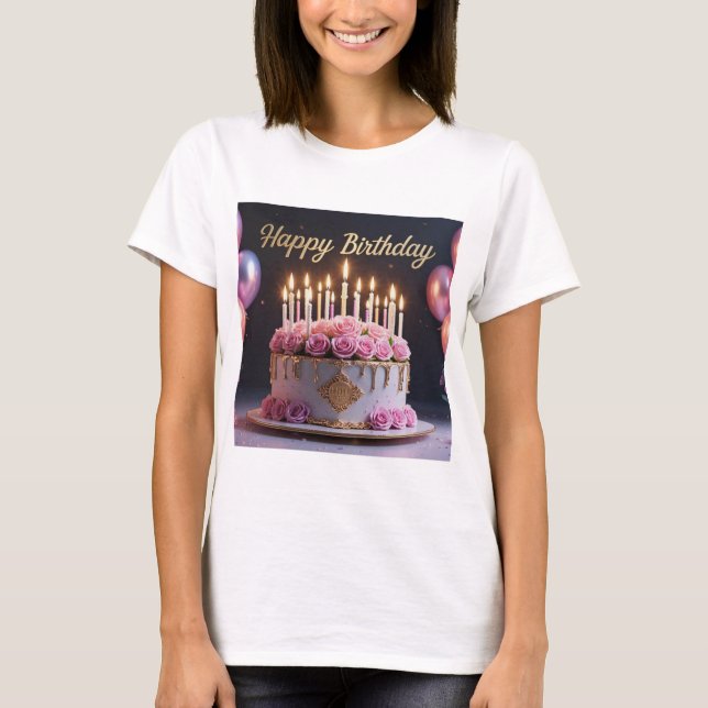 Pink birthday cake luxurious elegant extravagant T-Shirt (Front)