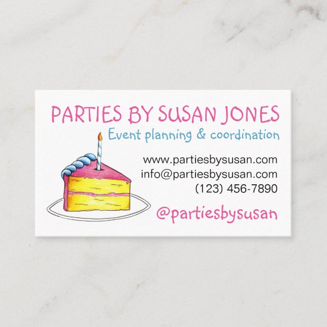 Pink Birthday Cake Slice Party Event Planner Business Card (Front)