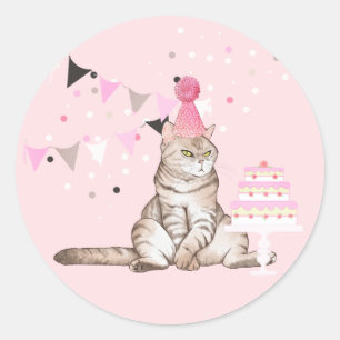 Pink Birthday Cat Party Classic Round Sticker
