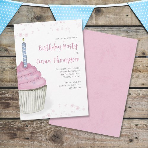 Pink Birthday Cupcake Simple Minimalist Cute Invitation