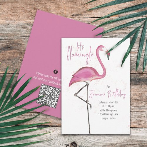 Pink Birthday Cute Flamingo QR Code Social Media Invitation