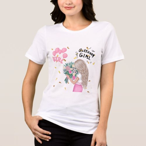 Pink Birthday Girl Floral Bouquet Custom T-Shirt Tri-Blend Shirt