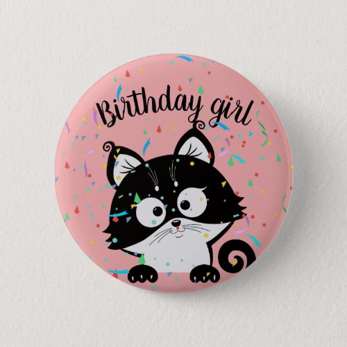 Pink birthday girl party button with tuxedo cat