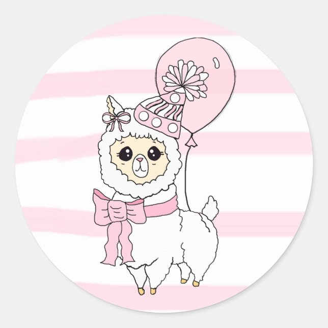 Pink Birthday Llama with Balloon Classic Round Sticker (Front)