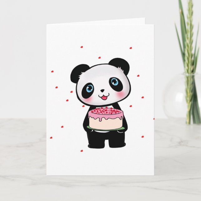 Pink Birthday Panda Bear with Cake Fan Enthusiast Card (Front)