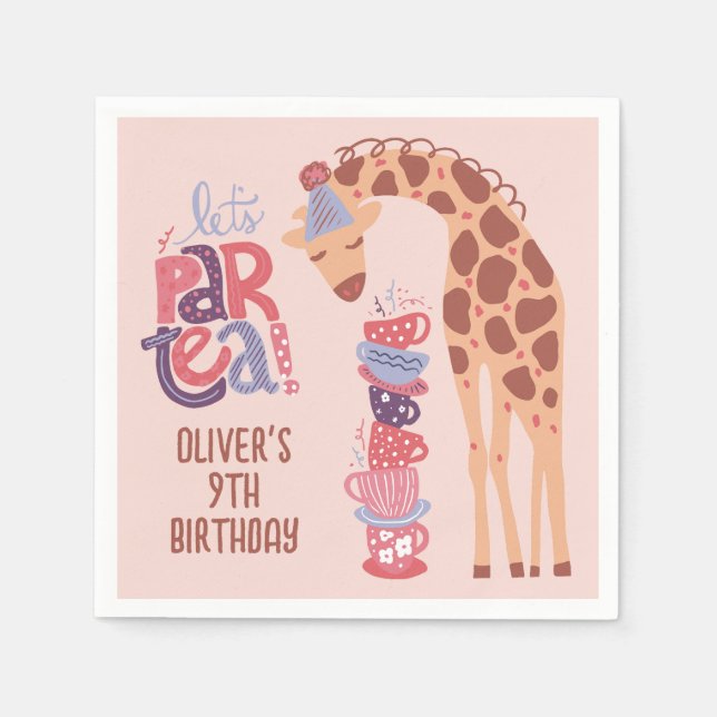 Pink Birthday ParTea Giraffe Paper Napkin (Front)