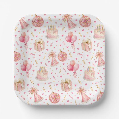 Pink Birthday Party Balloons Cake and Gifts Patter Paper Plates