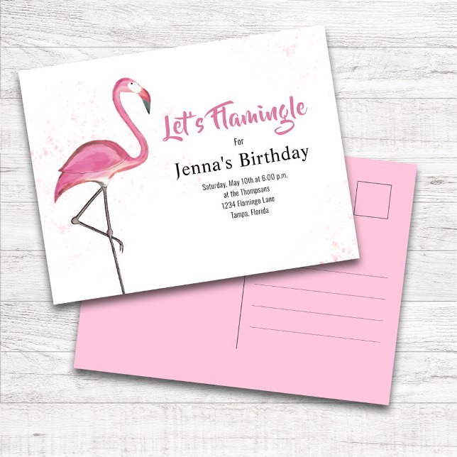 Pink Birthday Party Cute Flamingo Custom Postcard (Pink Flamingo "Let's Flamingle" Birthday Party Invitation Postcard Template.)