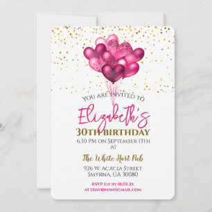 Pink Birthday Party Heart Balloons Invitation