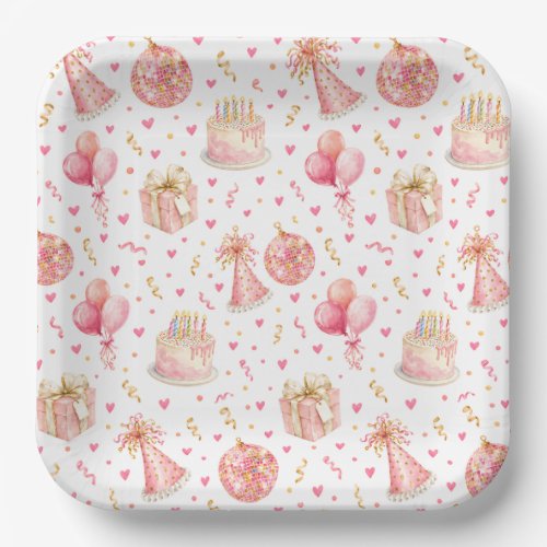 Pink Birthday Party Paper Plates - Cute Cake and B