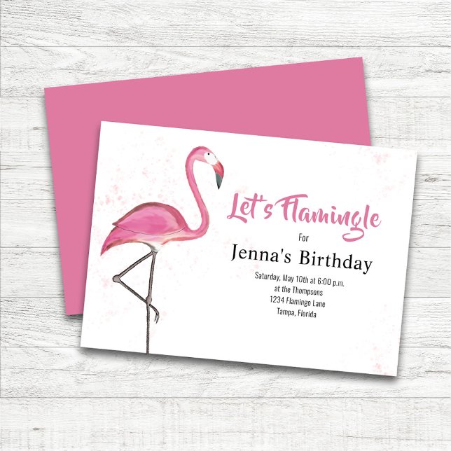Pink Birthday Party Watercolor Flamingo Invitation (Pink Flamingo Custom Birthday Party Invitations.)