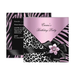 Pink Birthday Party Zebra Leopard Elegant Invitation
