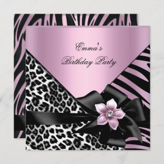 Pink Birthday Party Zebra Leopard Elegant Invitation