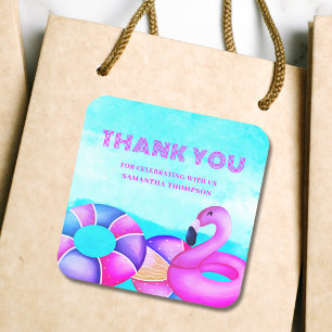 Pink Birthday Pool Party Thank You Square Sticker