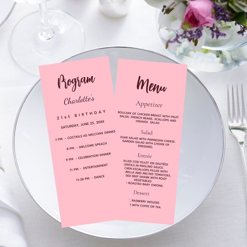 Pink birthday program dinner menu card