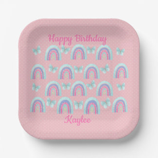 Pink Birthday Rainbows, Butterflies & Polka Dots Paper Plates