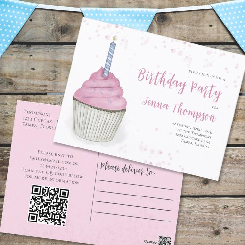 Pink Birthday Whimsical Cute Cupcake  QR Code  Postcard