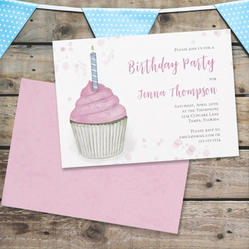Pink Birthday Whimsical Cute Cupcake Simple  Invitation