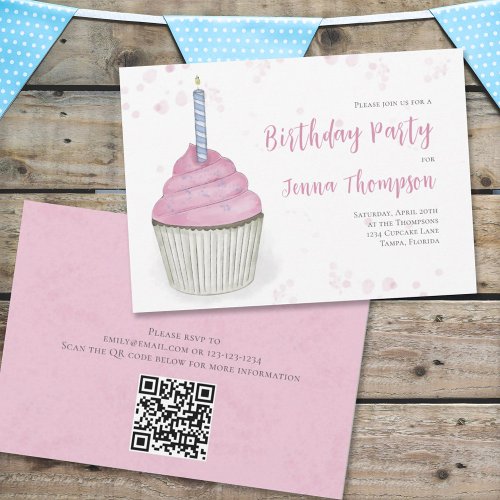 Pink Birthday Whimsical Cute Cupcake Simple Invitation
