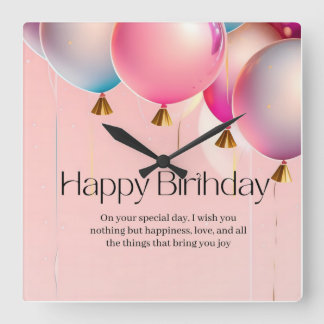 Pink Birthday Wishes Square Wall Clock