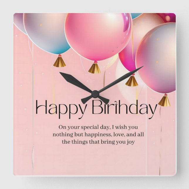 Pink Birthday Wishes Square Wall Clock (Front)