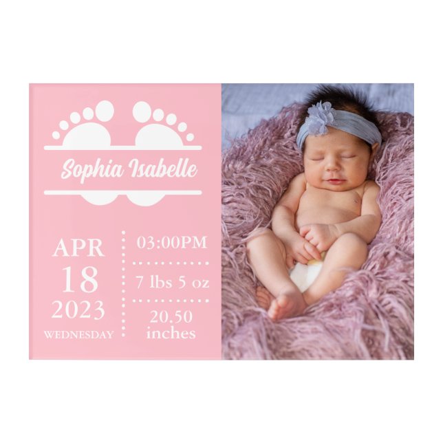 Pink Birthstat Girl New Baby Announcement  Acrylic Print (Front)