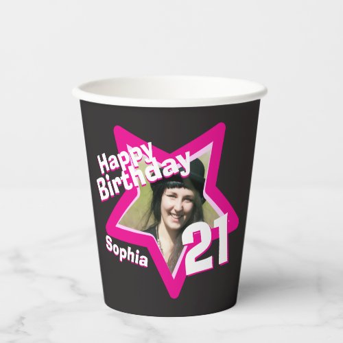 Pink black 21st birthday photo personalized paper cups