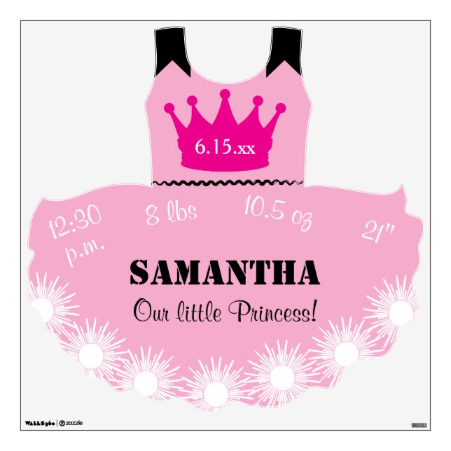 Pink Black 30x30 Princess Dress Crown Birth Stats Wall Decal (Front)